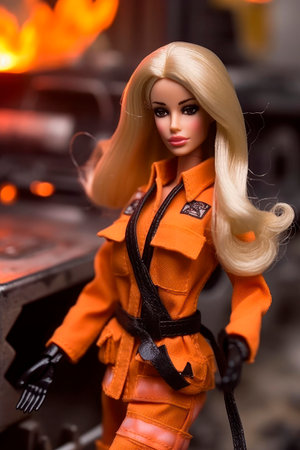 Barbie doll, firefighter putting out a fireの素材
