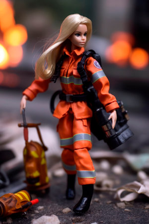 Barbie doll, firefighter putting out a fireの素材