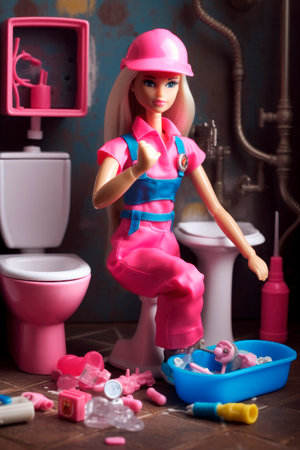 Barbie doll, fixing a plumbing breakdownの素材