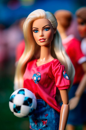 Barbie doll playing in a soccer teamの素材