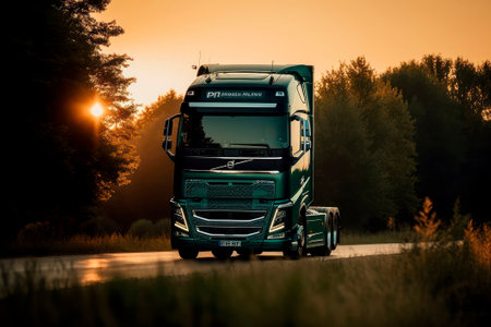 Truck driving on the highway against a background of green cereals at sunsetの素材