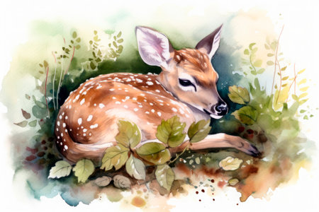 Watercolor image of a fawn sleeping under bushesの素材