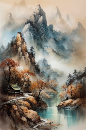 Painting of red trees and a river, in the style of traditional Chinese landscapeの素材
