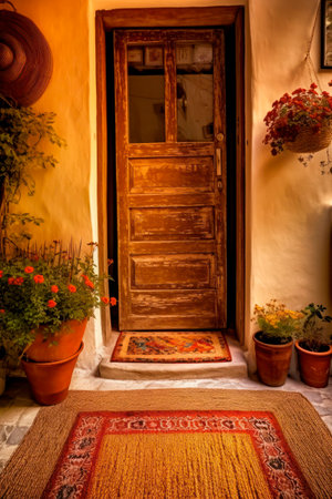 Entrance of a cozy country house, warm earth tonesの素材