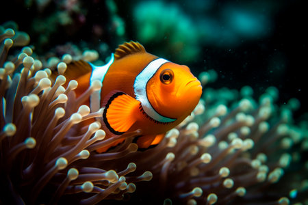 Clown fish or anemone fish, swimming in crystal clear waterの素材