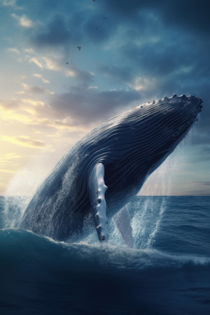 Blue whale or blue fin whale, jumping over the seaの素材