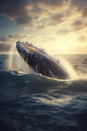 Humpback whale jumping over the seaの素材