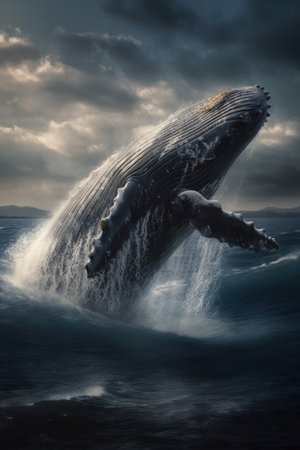 Humpback whale jumping over the seaの素材