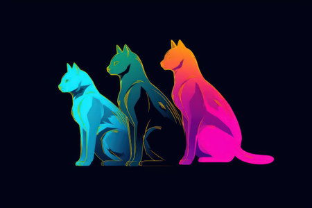 Silhouette of three colored cats, isolated on dark backgroundの素材