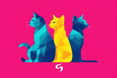 Silhouette of three colored cats, isolated on dark backgroundの素材
