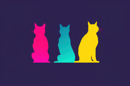Silhouette of three colored cats, isolated on dark backgroundの素材