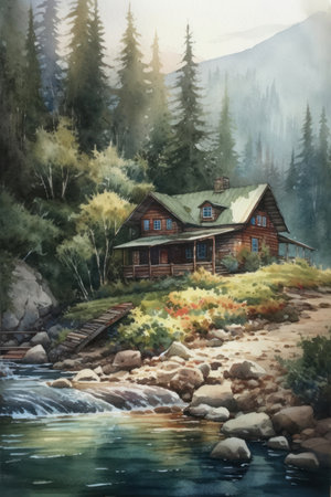 Wooden cabin next to a river in the middle of the forestの素材