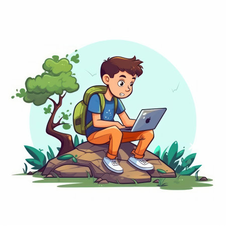 Child studying with a laptop in the middle of nature, on a white background. cartoon illustrationの素材