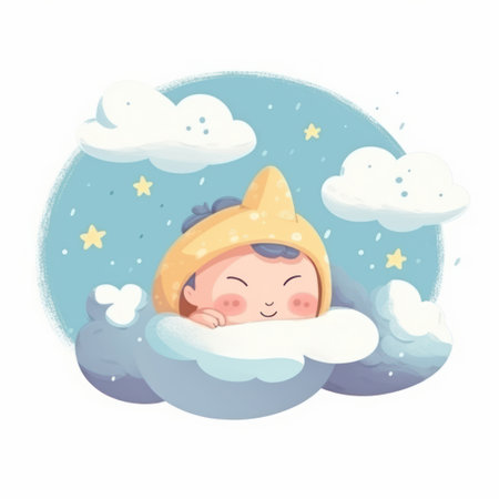 Sleeping baby on a cloud, on a white background Cartoon illustrationの素材