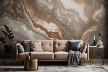 Retro decorated sofa in elegant living room with marble muralの素材