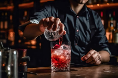 Waiter preparing a cocktail at the bar of a Pubの素材