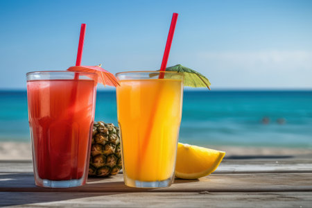 Fresh fruit cocktail, served on a wooden table on the beachの素材