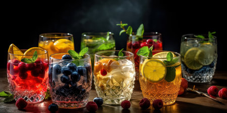 Cocktails with ice, lemon and fruit, served in glasses and glasses, dark backgroundの素材