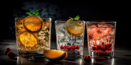 Cocktails with ice, lemon and fruit, served in glasses and glasses, dark backgroundの素材