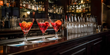 Cocktails with ice, lemon and fruit, served in glasses and glasses, dark backgroundの素材