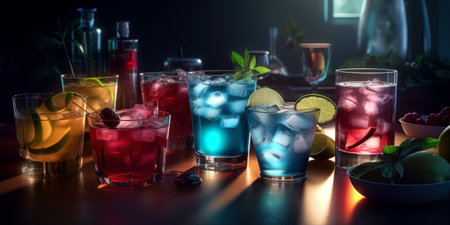 Cocktails with ice, lemon and fruit, served in glasses and glasses, dark backgroundの素材