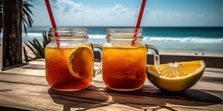 Fresh fruit cocktail, served on a wooden table on the beachの素材