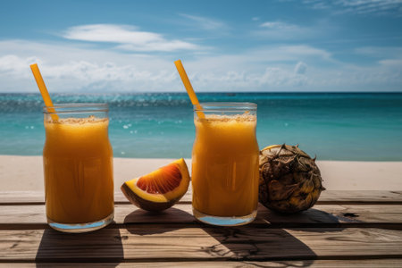 Fresh fruit cocktail, served on a wooden table on the beachの素材