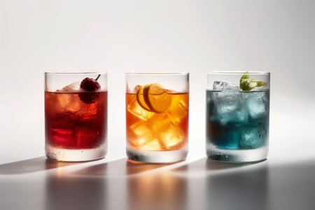Cocktails with ice, lemon and fruit, served in glasses and glasses, white backgroundの素材