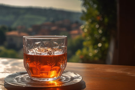 Glass of tea, on a wooden table, with views of the Thai countrysideの素材