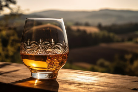 Glass of liquor, on a wooden table, with views of the rural countrysideの素材