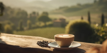 Cup of coffee, on a wooden table, with views of the rural countrysideの素材