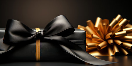 Black gift boxes with black ribbon and gold decorationsの素材