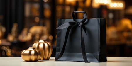 Black gift boxes with black ribbon and gold decorationsの素材