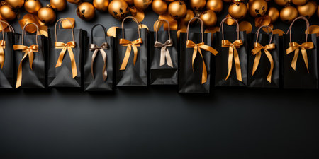 Black gift boxes with gold ribbon and gold decorationsの素材