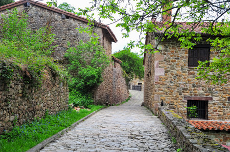 A serene, cobblestone-lined path flanked by traditional stone houses and lush greenery in a quaint...