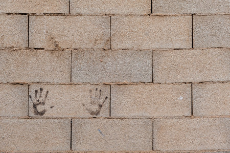 Two black handprints on a sandy concrete brick wall, leaving a human touch on the urban texture.の写真素材