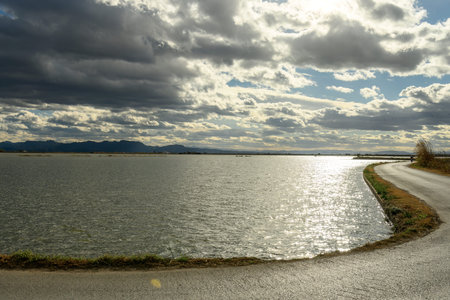 Menacing clouds hover over a serene path cutting through flooded rice fields in the Albufera...