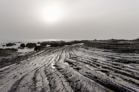 Layered rock formations stretch across the shoreline at Amoreira Beach, Portugal. The misty atmosphere and soft lighting create a dramatic and serene coastal landscape.の写真素材
