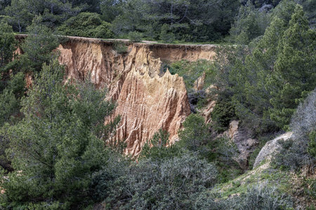 View of an eroded cliffside surrounded by lush green forest near Portimao, Portugal. The dramatic geological features contrast with the dense vegetation.の写真素材