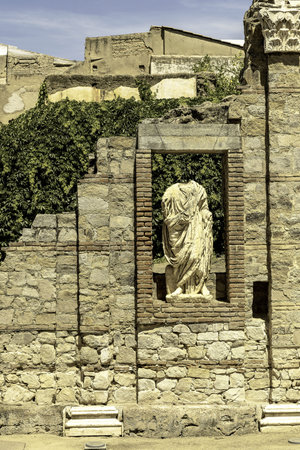 Detailed view of the intricate reliefs at the Roman Forum in Merida, Spain. The ancient architecture showcases classical Roman design and artistic craftsmanship under a bright sky.の写真素材
