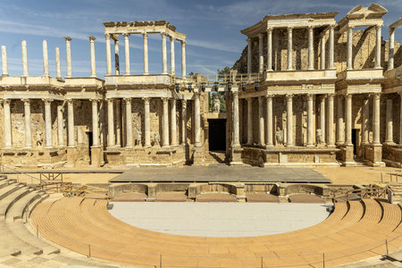 Panoramic view of the ancient Roman theater in Merida, Spain, showing its well-preserved stone...