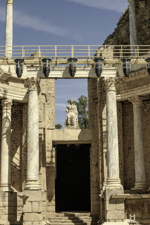 Panoramic view of the ancient Roman theater in Merida, Spain, showing its well-preserved stone...