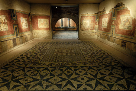 A stunning display of ancient Roman mosaics and frescoes at the Merida Museum, showcasing intricate designs and vivid colors from centuries past.の写真素材
