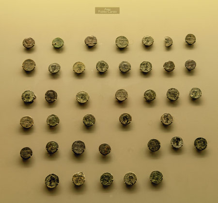 A display of ancient Roman coins, known as Aces, minted during the era of Publius Carsius.の写真素材