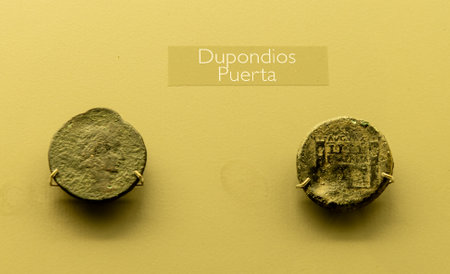 Display of Roman dupondii coins featuring a gate design on the reverse side. Essential pieces of ancient Roman numismatic history.の写真素材