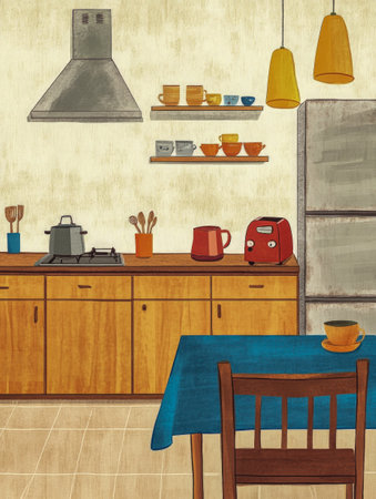 Warm kitchen illustration featuring colorful cups, a red toaster, and wooden cabinetry with a blue tablecloth. Generative AIの写真素材