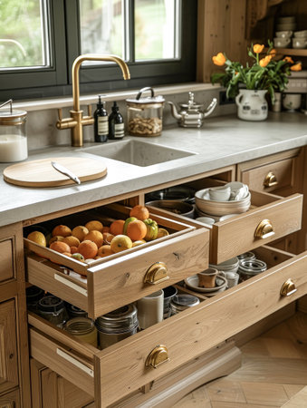 Bright and organized farmhouse-style kitchen featuring open cabinets, a large window, and wooden drawers. Generative AIの写真素材