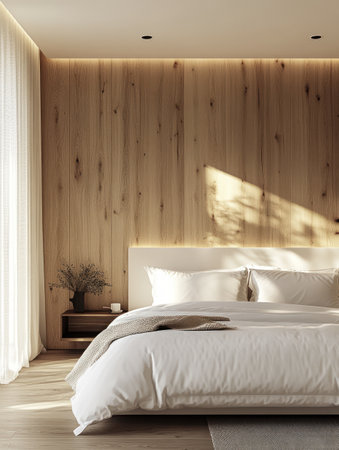 Simple and serene minimalist bedroom featuring neutral tones, wooden accents, and soft natural light through sheer curtains. Generative AIの写真素材