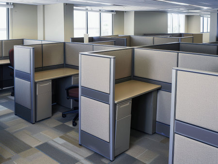 A top-down view of an open office space with multiple cubicles, each equipped with computers, chairs, and telephones. Generative AIの写真素材