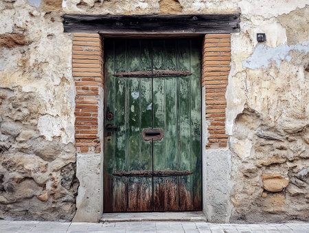 Weathered wooden door on a rustic wallの写真素材
